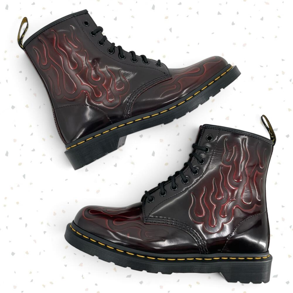 Dr. Martens Inferno 1460 Boots Dark Red Leather Flames Fire Embossed Size M9 L10